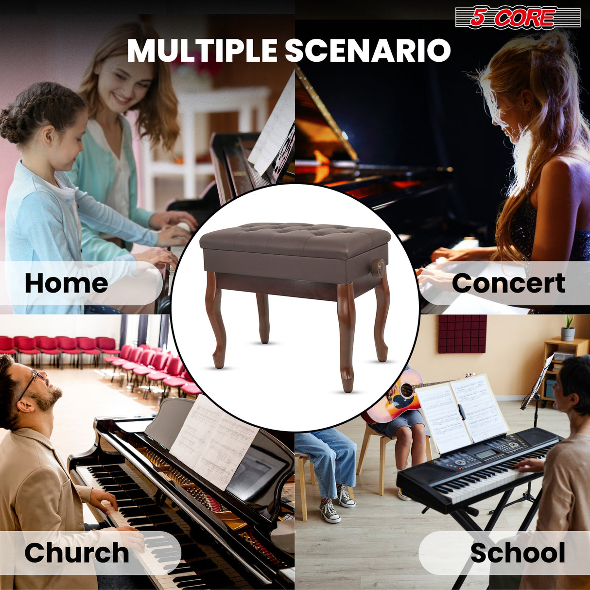5 Core Piano Bench 3" Padded Cushioned Stool Wooden Heavy Duty Adjustable Musician Chair w Storage