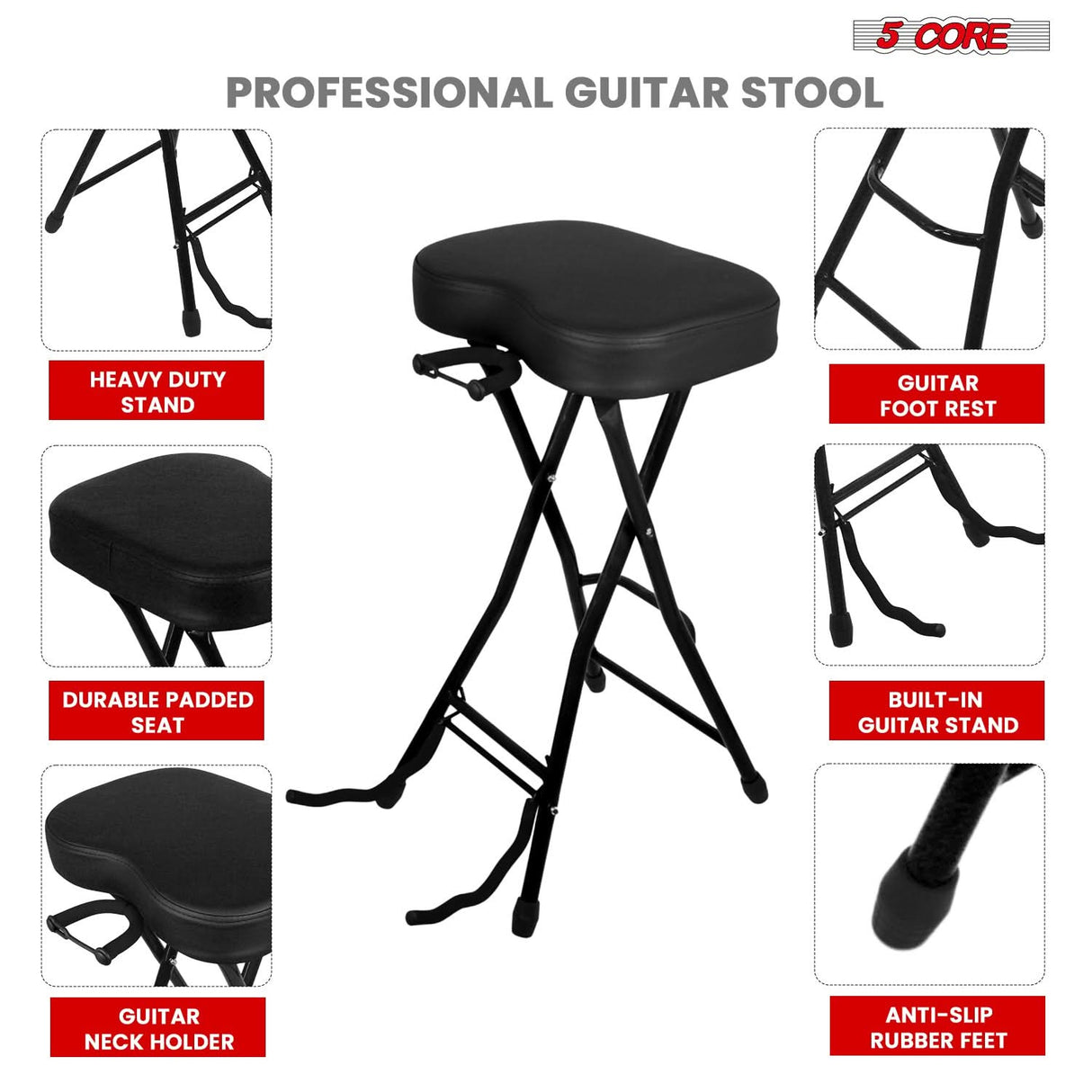 5Core Guitar Stool 3.15" Padded Chair Foldable Heavy Duty Music Seat Built in Foot Rest Guitar Stand