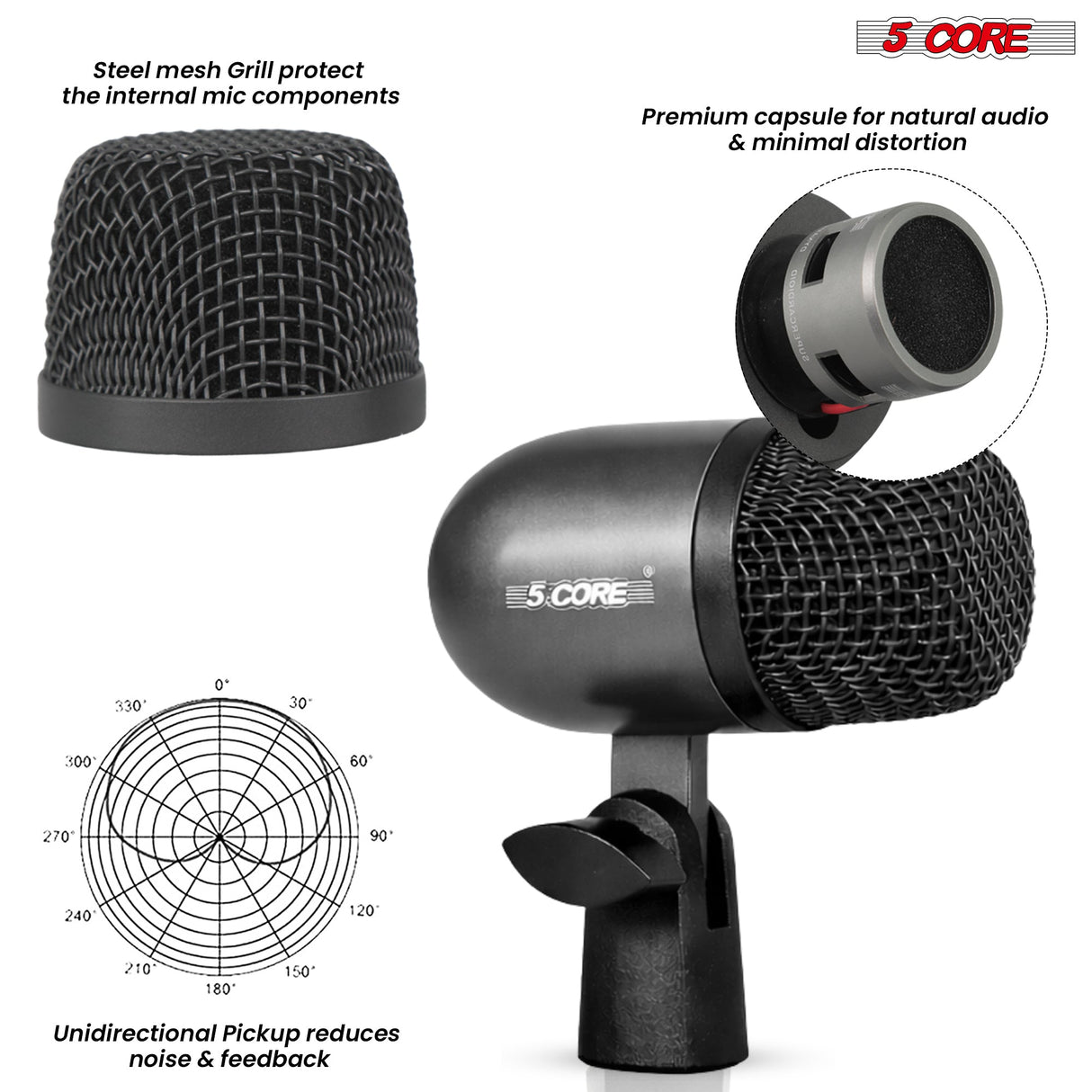 5Core Tom Snare Mic Cardioid Dynamic Microphone for Drum Kit Percussion Instrument BLACK
