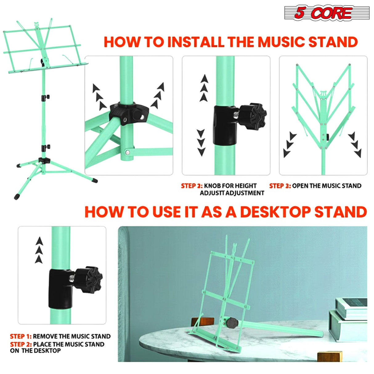 5 Core Music Stand Adjustable Desktop Book Stands Portable Sheet Holder All Metal Foldable Bookstand