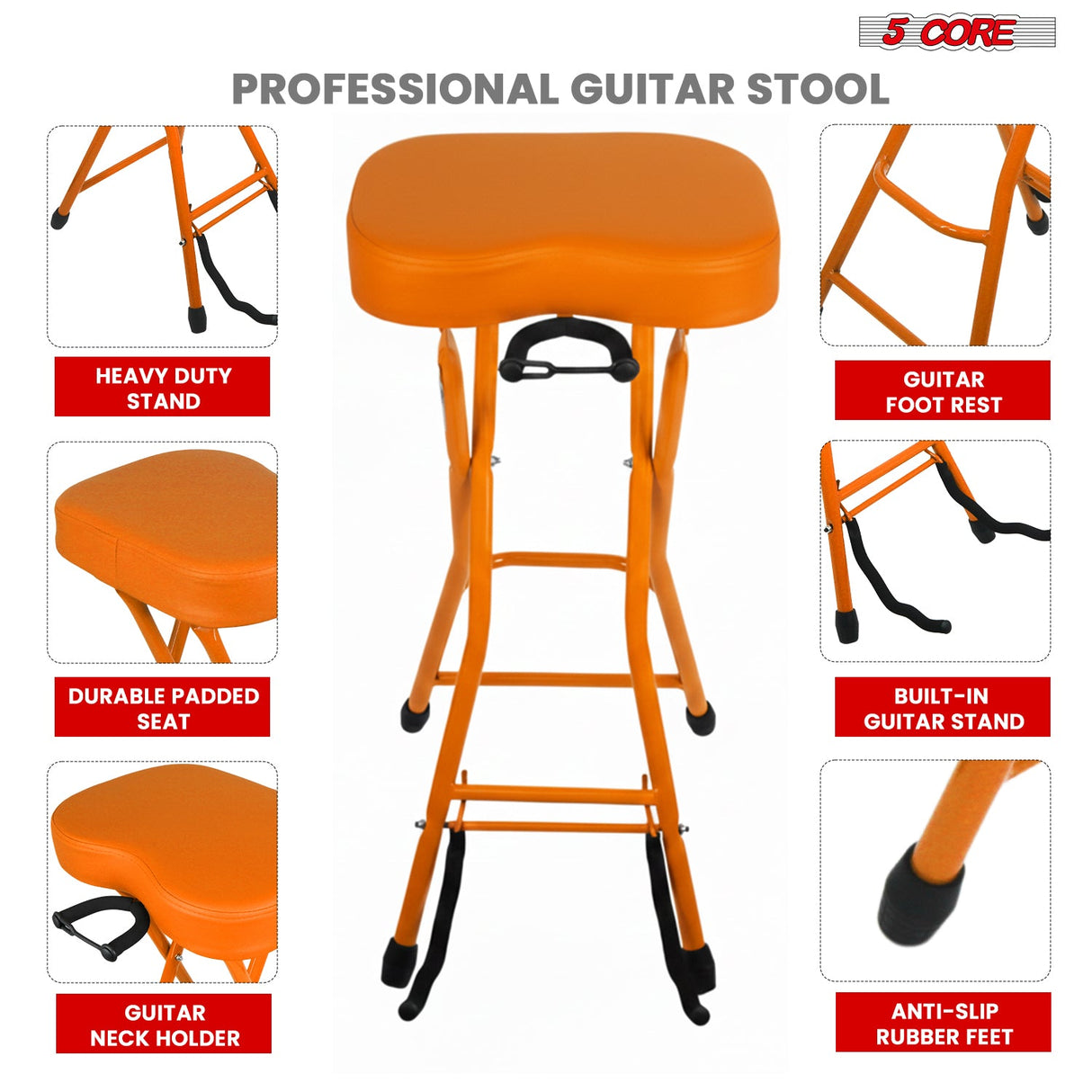 5Core Guitar Stool 3.15" Padded Chair Foldable Heavy Duty Music Seat Built in Foot Rest Guitar Stand
