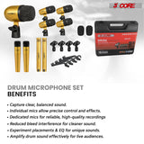 5 Core Drum Microphone Kit 9Pc All Metal Drummer Mics Tom/Snare & Cymbals Wired Instrument Drums Set