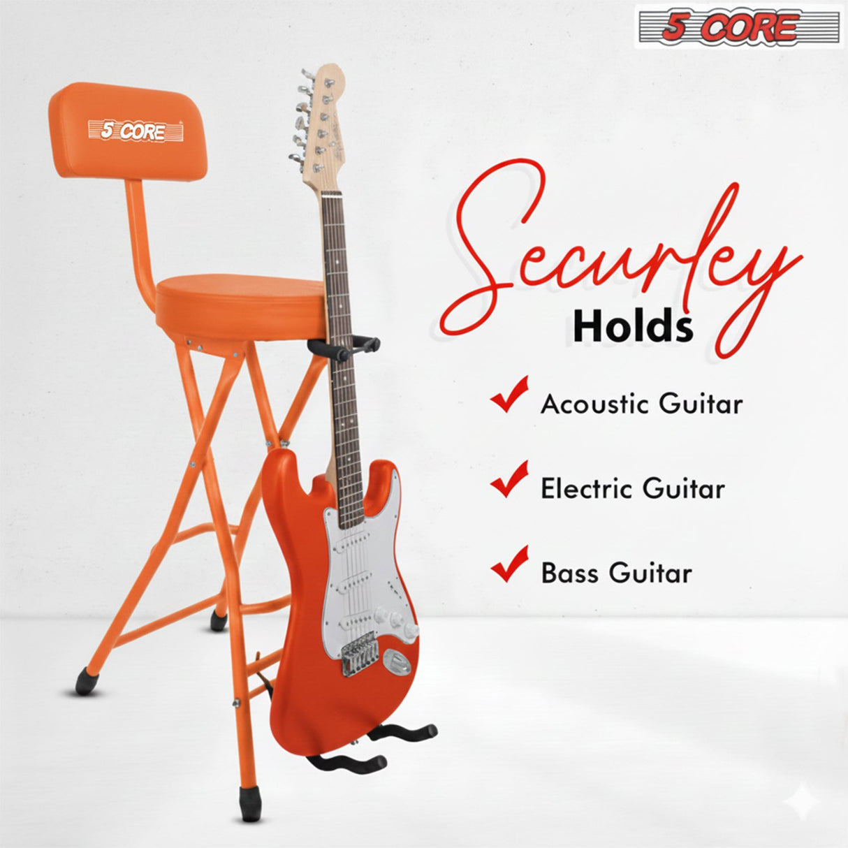 5Core Guitar Stool 3.15" Padded Chair w Backrest Foldable Music Seat Built in Foot Rest Guitar Stand
