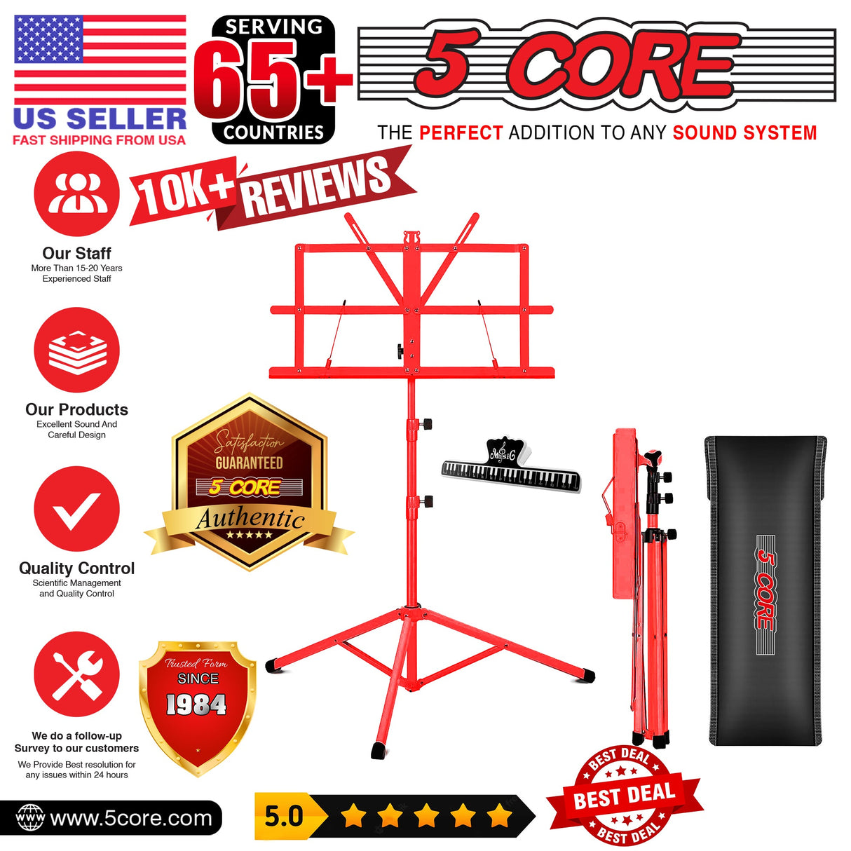 5Core Music Stand For Sheet Music Portable Tripod Adjustable Folding Note Holder RED