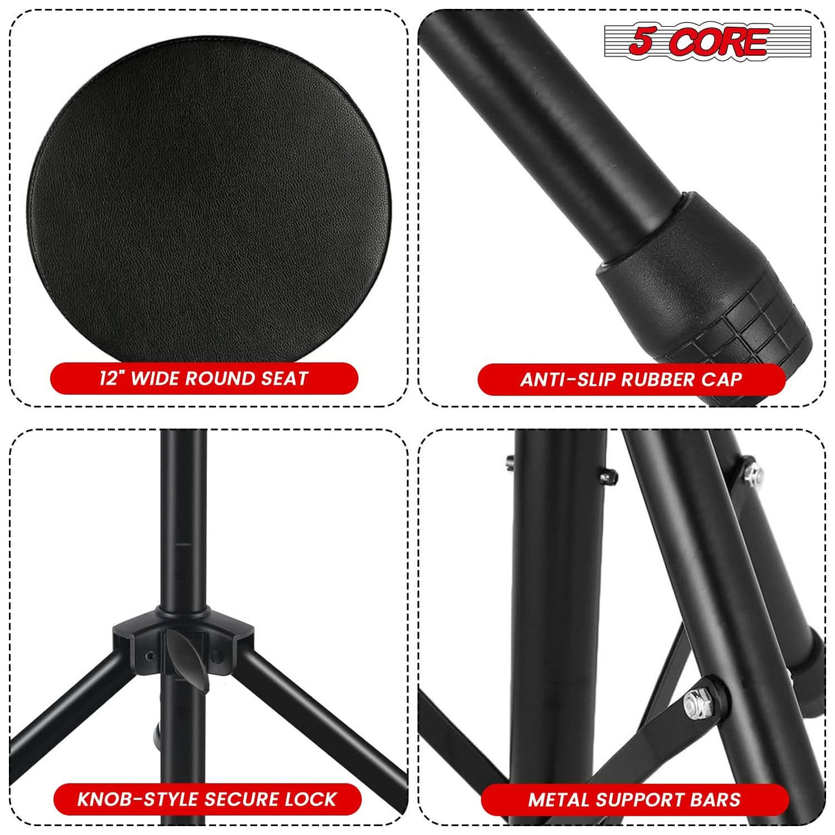 5 Core Drum Throne 3" Thick Padded Memory Foam Comfortable Drummer Stool 330Lb Capacity Adjustable
