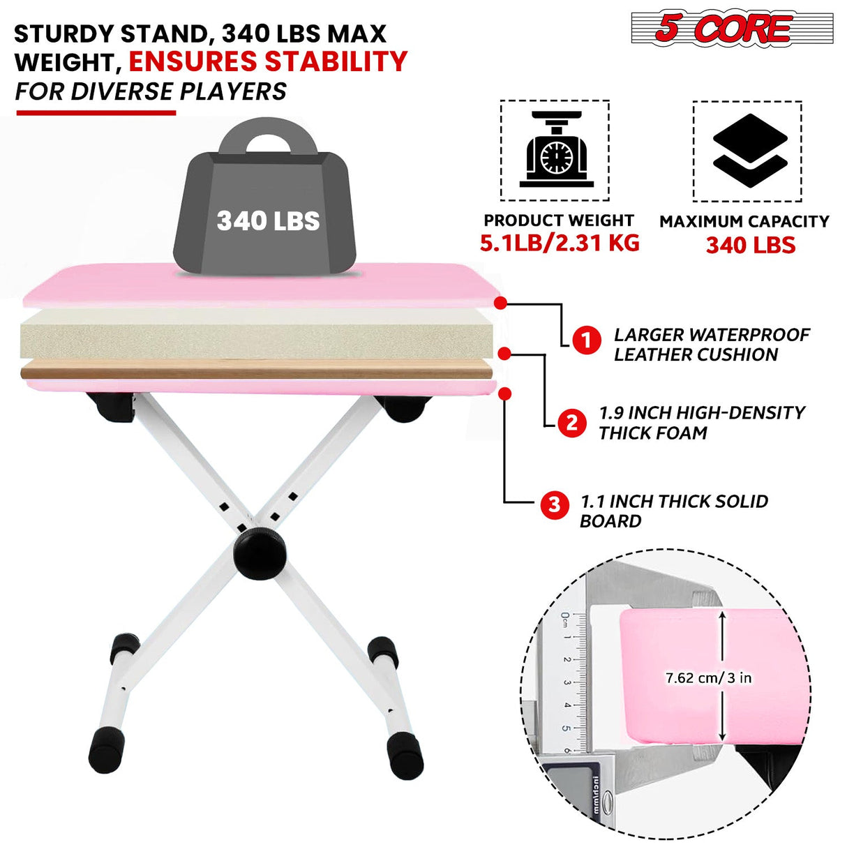 5 Core Keyboard Bench X Style Piano Stool Heavy Duty Adjustable Keyboards Chair