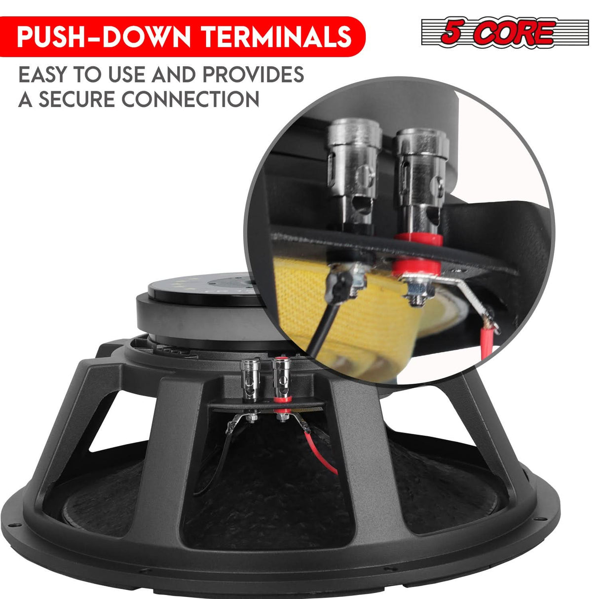 Side view of 5Core 1500W subwoofer for events and stage sound setups