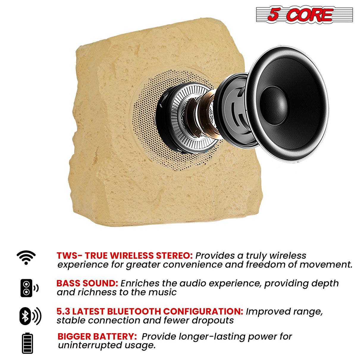 5Core Outdoor Wireless Speakers Bluetooth Rock Waterproof Linkable TWS Garden Speaker BROWN 1 PC