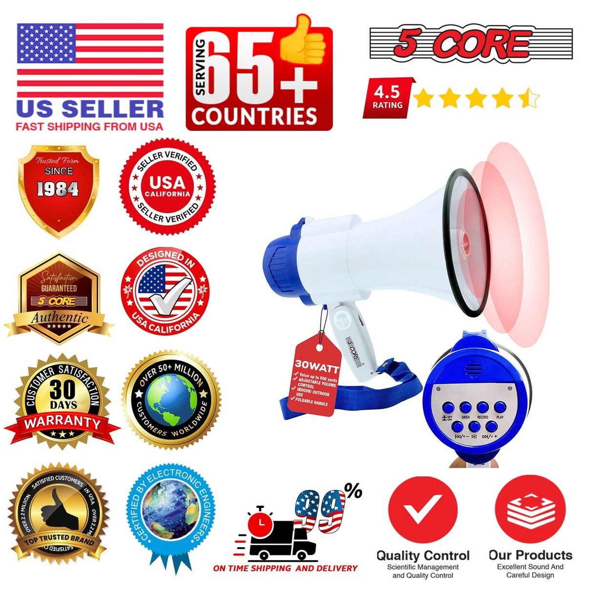 5 Core Megaphone 30W Bull Horn PA Speaker w 800 Yards Range USB Loud Siren Voice Amplifier Portable