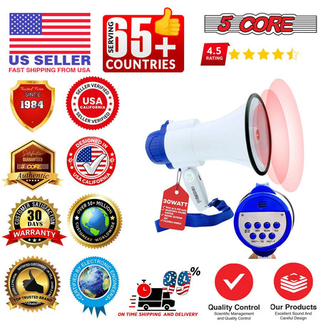 5Core Megaphone Bullhorn Speaker 30W Mini Bull Horn Battery Power Megafono 800 Feet USB BATTERY