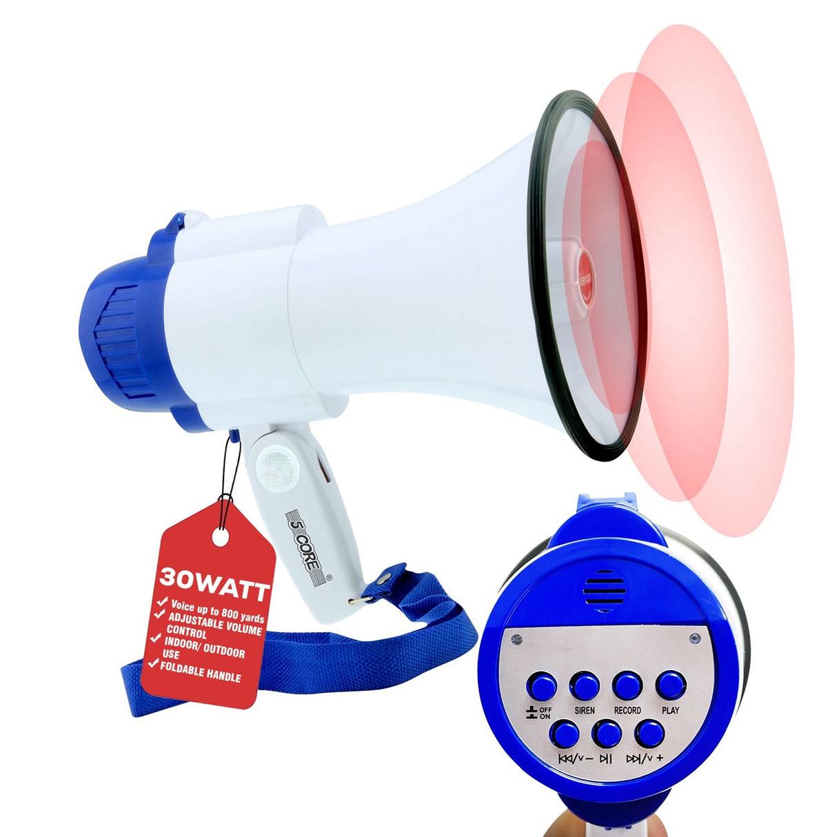 5Core Megaphone Bullhorn Speaker 30W Mini Bull Horn Battery Power Megafono 800 Feet USB BATTERY