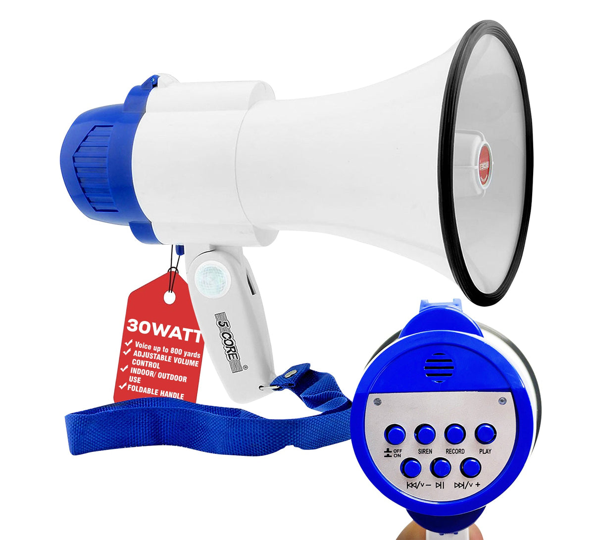 5Core Megaphone Bullhorn Speaker 30W Mini Bull Horn Battery Power Megafono 800 Feet