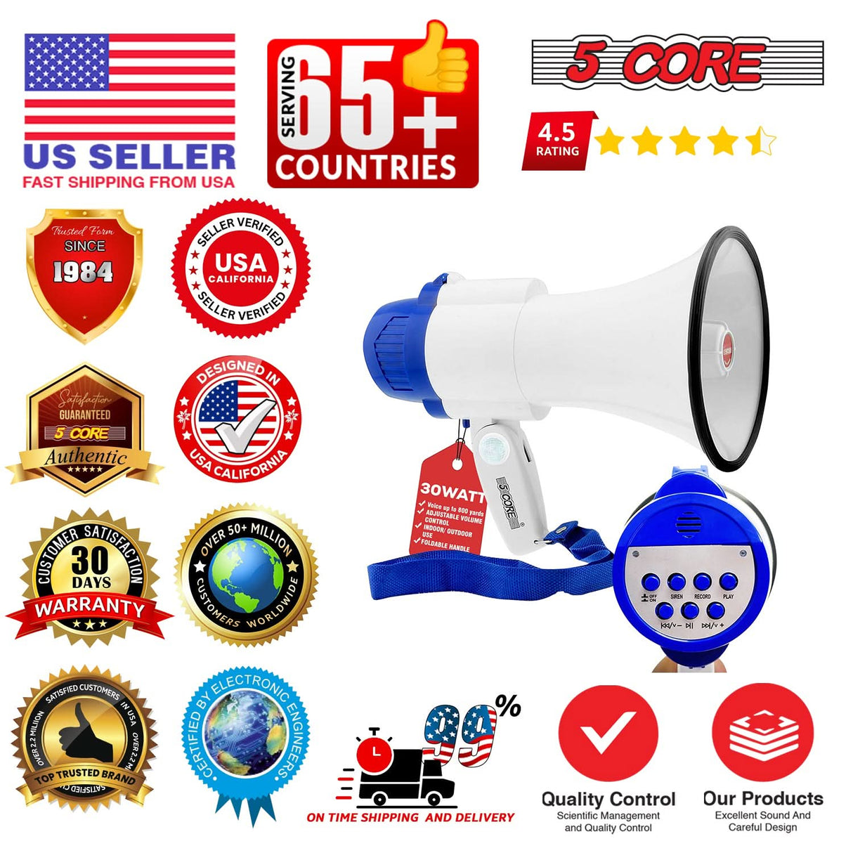 5 Core Megaphone 30W Bull Horn PA Speaker w 800 Yards Range Loud Siren Voice Amplifier Portable