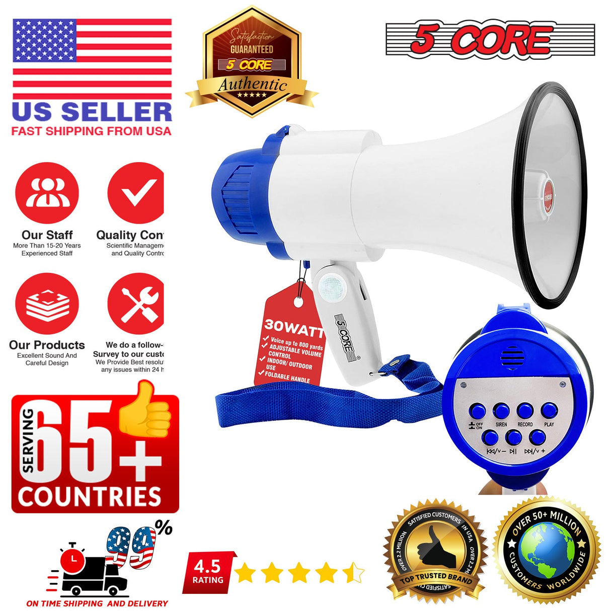 5Core Megaphone Bullhorn Speaker 30W Mini Bull Horn Battery Power Megafono 800 Feet