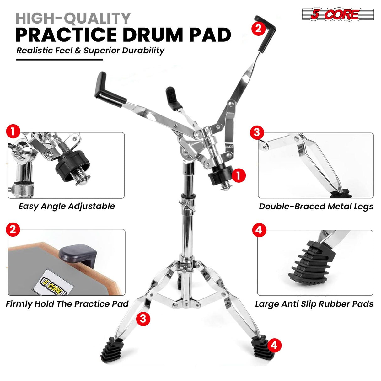 5Core Drum Throne Adjustable Guitar Stool Padded Seat + Drum Practice Pad Snare Drumming Stand