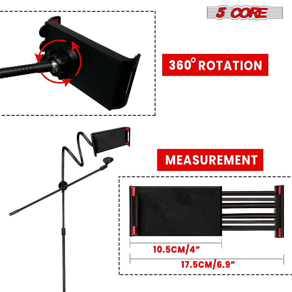 5 Core Tripod Mic Stand w Phone Holder Height Adjustable Microphone Mount Stands