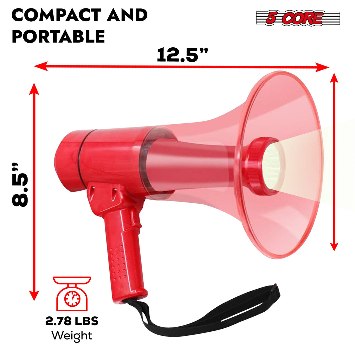 5Core Megaphone Bullhorn Speaker w Siren LED Light Adjustable Volume Bull Horn RED