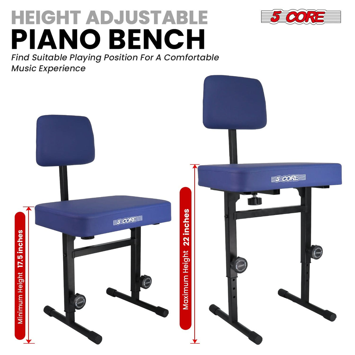 5 Core Piano Bench 3" Padded Cushioned Stool w Backrest Heavy Duty Musician Chair Height Adjustable