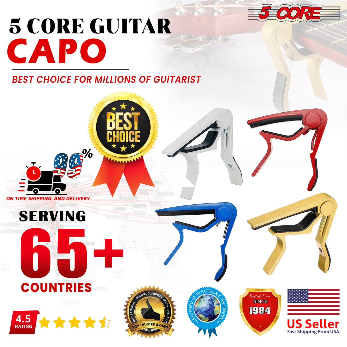 5 Core Capo Acoustic Electric Guitar 6 String Kapo 2 Pair Quick And Easy Adjustment Classic Clip For Banjo Mandolin