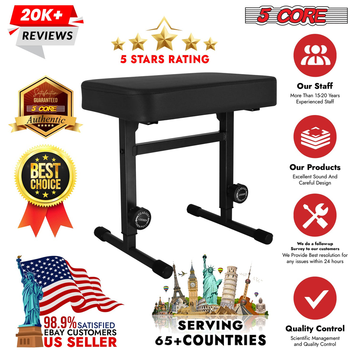 5CORE Keyboard Bench Piano Stool Thick Padded Seat Height Adjustable Keyboard Chair