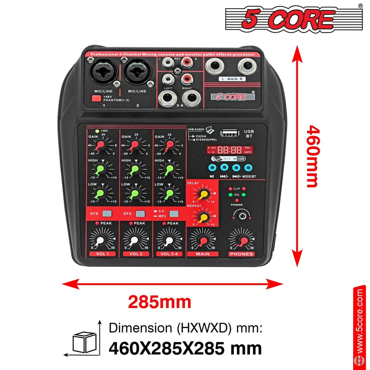 5Core Audio Mixer 4 Channel DJ Soundboard USB Interface Bluetooth Mixing Console w Repeat Delay +48V