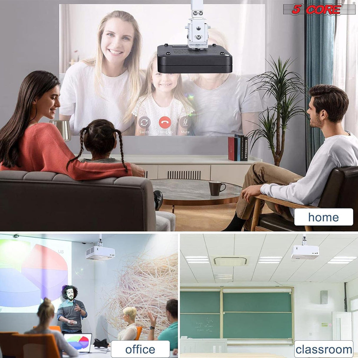 5Core Projector Mount Ceiling Wall Universal Holder Adjustable Low Profile Capacity 40lb WHITE