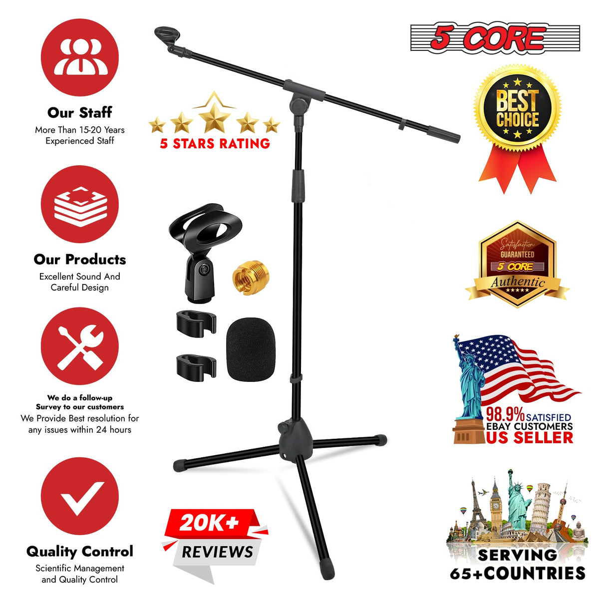 5Core Tripod Mic Stand 4Pcs Heavy Duty Adjustable Holder Floor Microphone Boom Arm BLACK