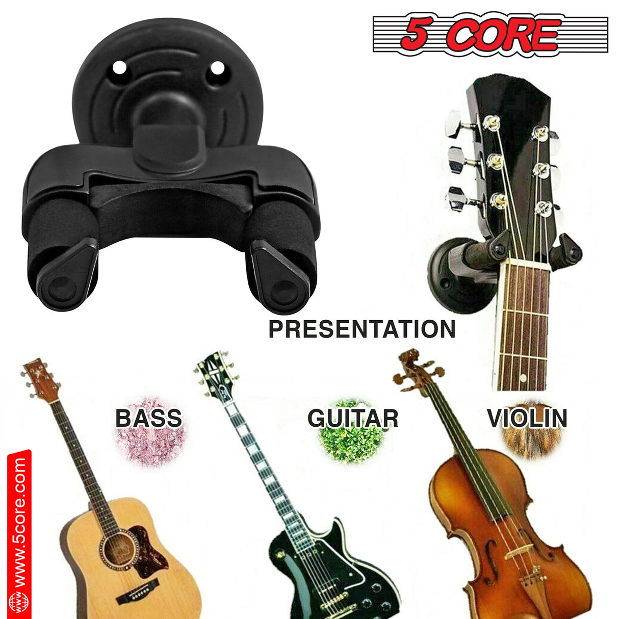5Core Guitar Wall Mount Hanger Hook Metal Base Soft Padding Adjustable Rotatable Holder