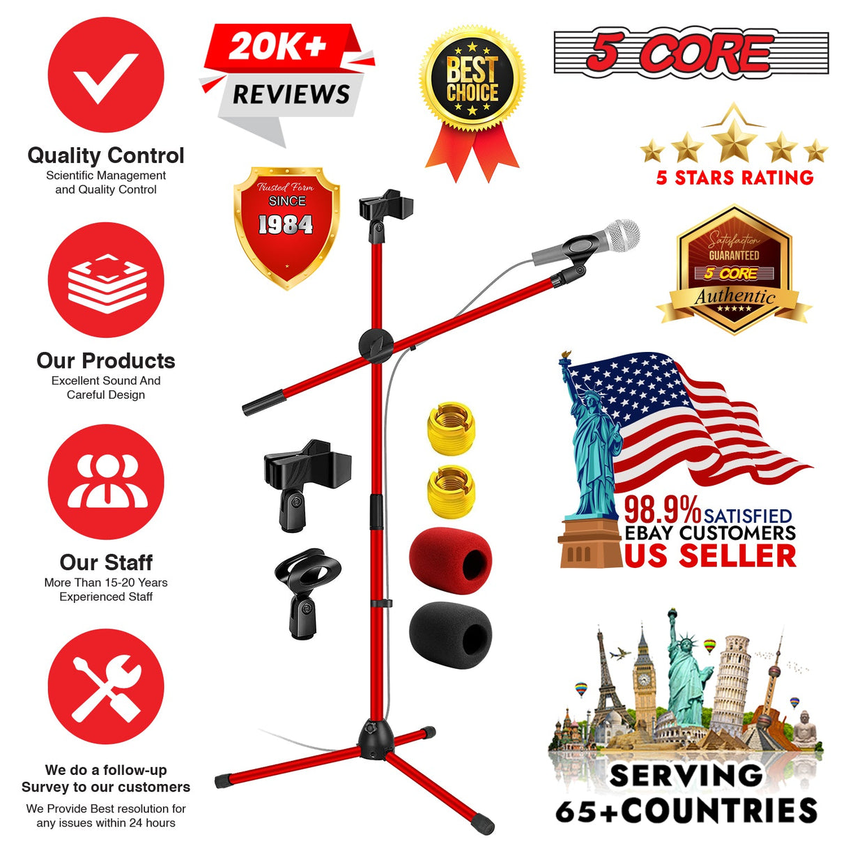 5Core Tripod Mic Stand Adjustable Heavy Duty Floor Holder Microphone Boom Arm RED