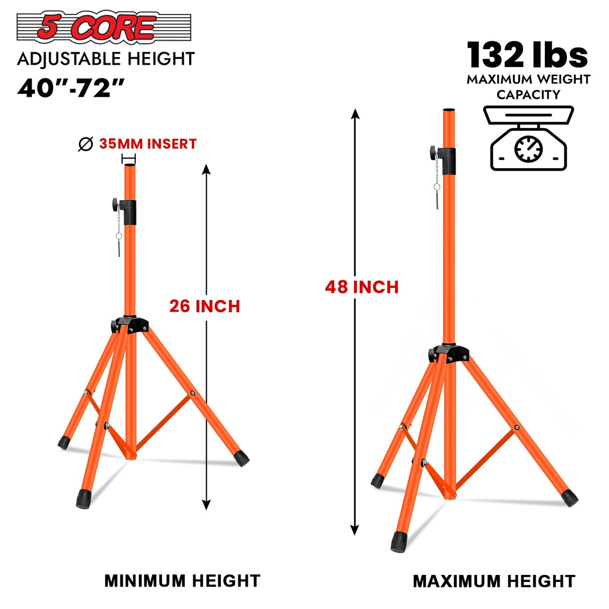 5 Core Speaker Stand Tripod Floor Adjustable Up to 48 Inch DJ Studio Monitor Stands Pole Mount Pair ORANGE