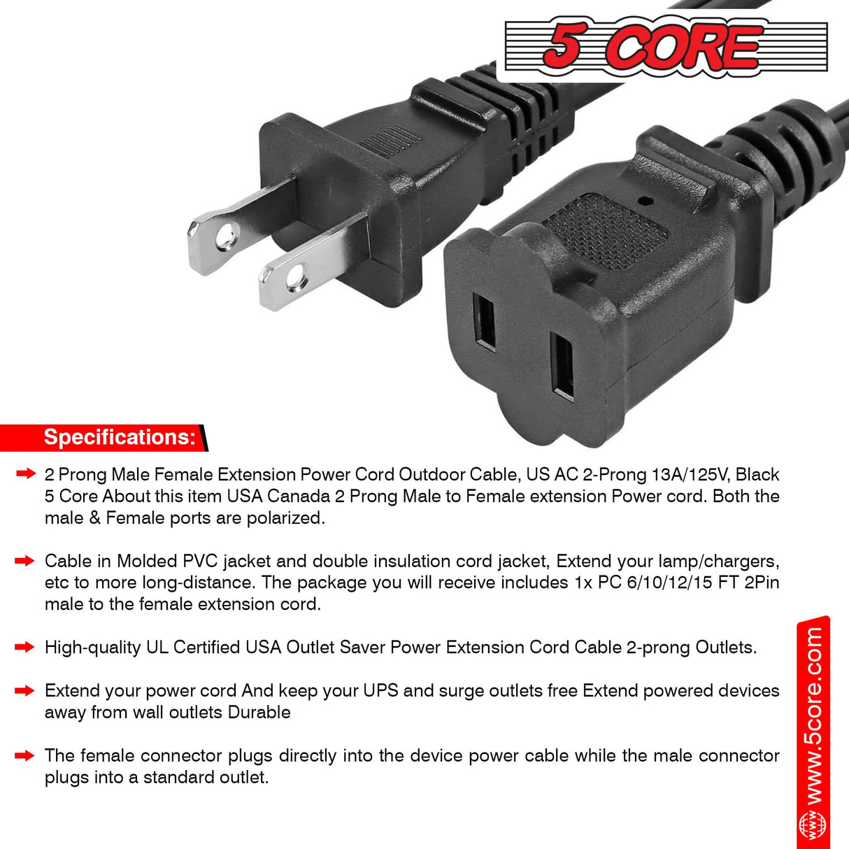 5Core AC Power Cord 15 Ft US Polarized Male to Female 2 Prong Extension Adapter Cords 16AWG 125V
