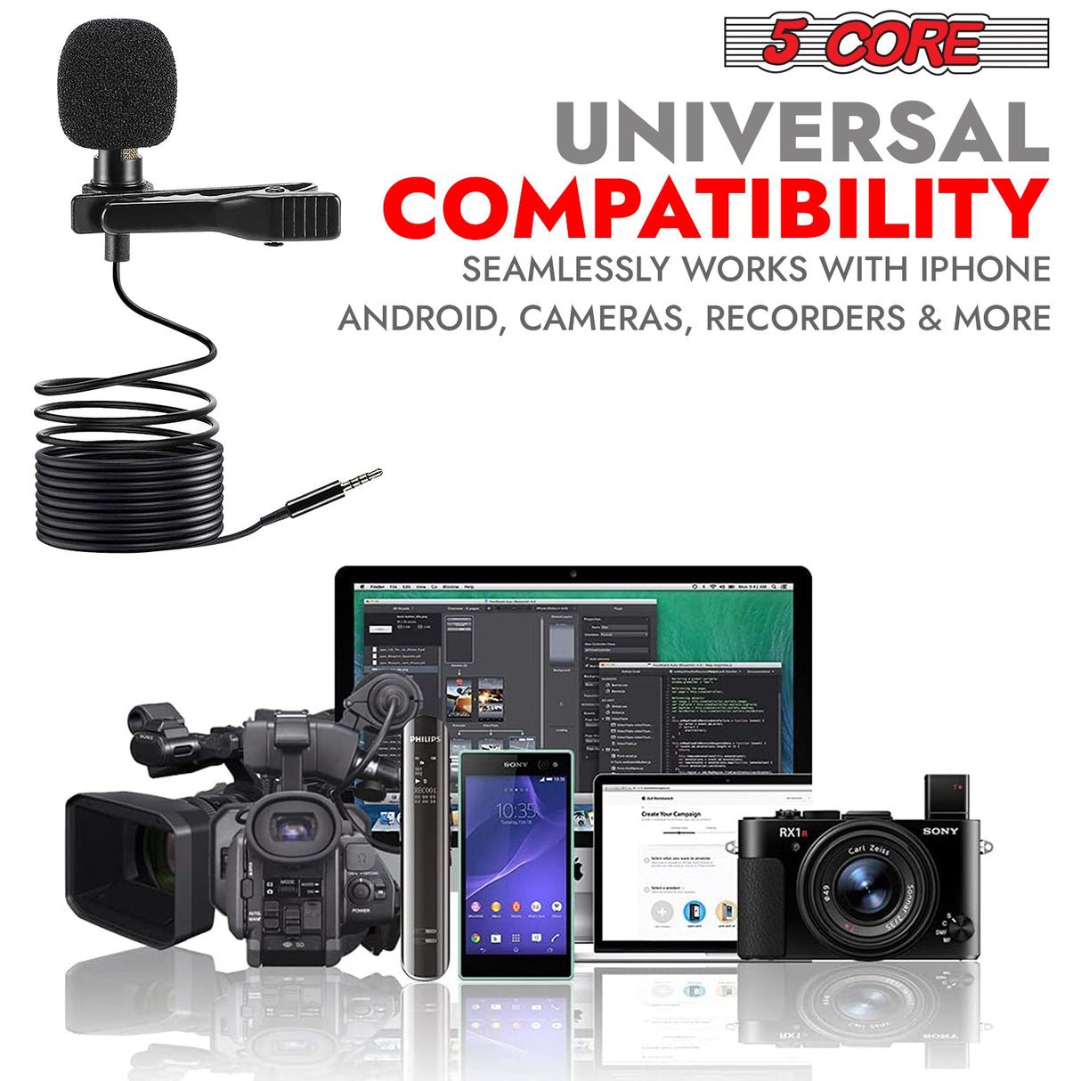5Core Lavalier Microphone Clip On Professional Grade 3.5mm Lapel Mic Omnidirectional Lav Mic