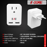 5 Core European Travel Plug Adapter w 2 USB Ports Universal Adopter for International Power Outlet