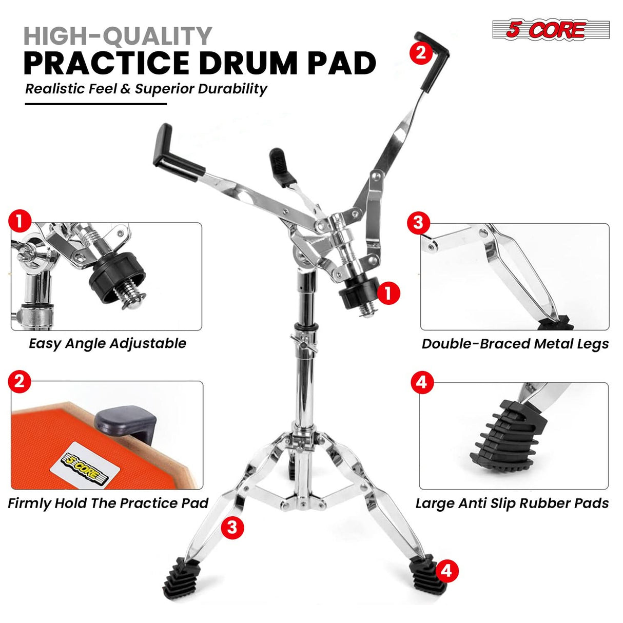 5Core Drum Throne Adjustable Guitar Stool Padded Seat + Drum Practice Pad Snare Drumming Stand