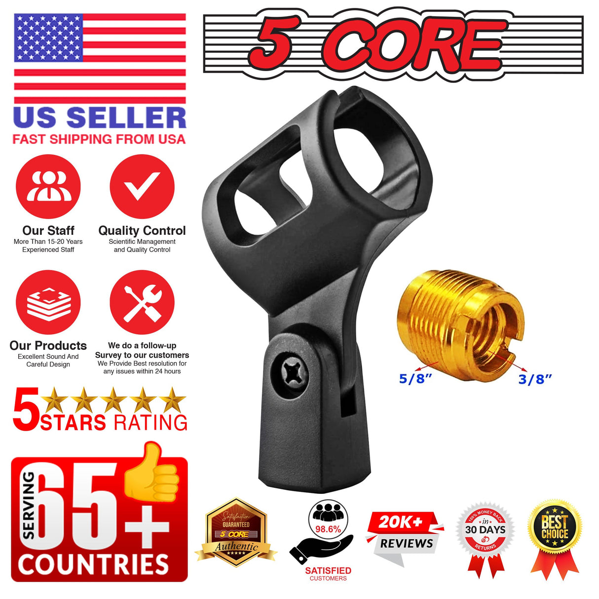 5 Core Microphone Clip Holder 2 Pieces with Screw Adapters 5/8 to 3/8 Inch