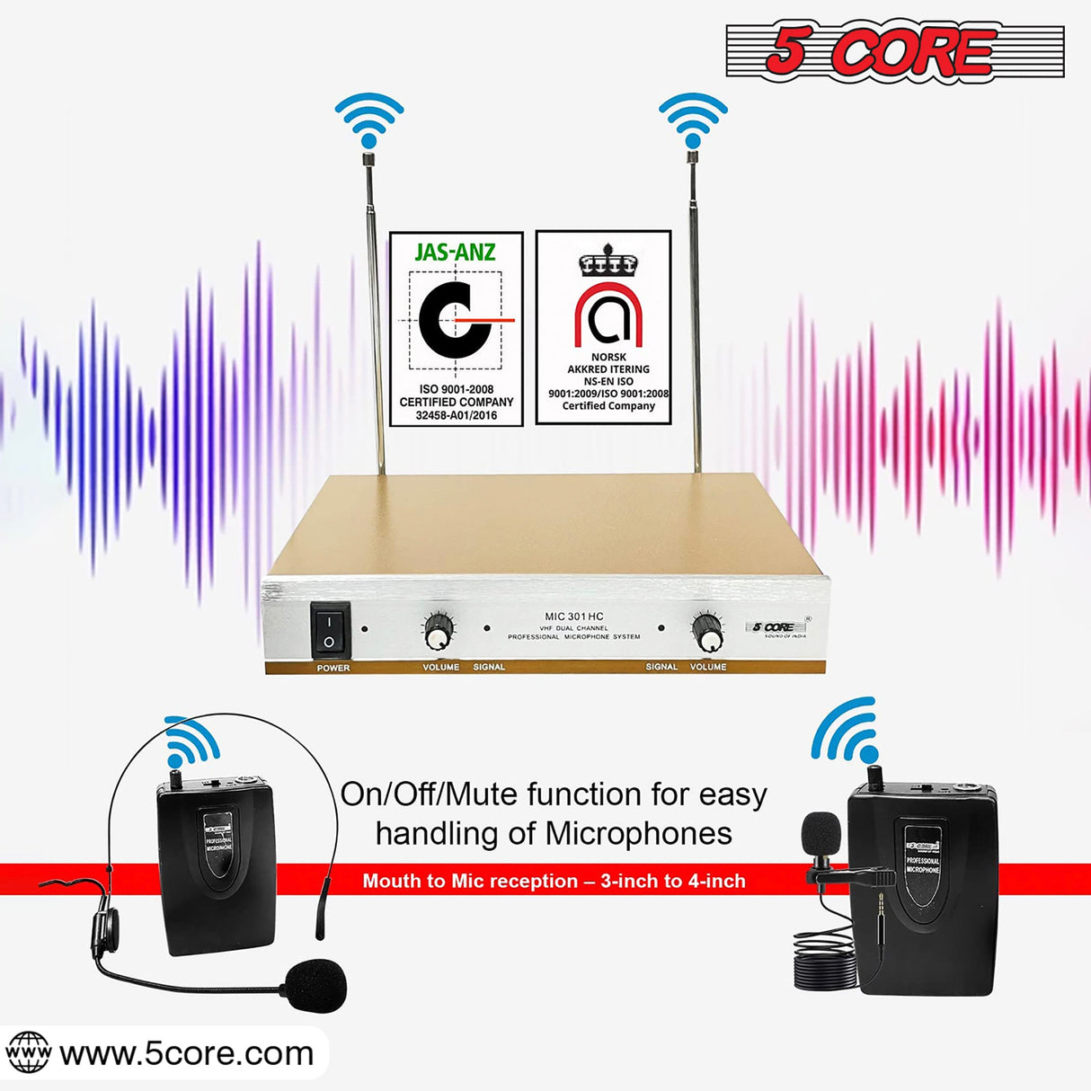 5Core Wireless Microphones w 1 Headset 1 Collar Mic + Receiver Microfono Inalambrico