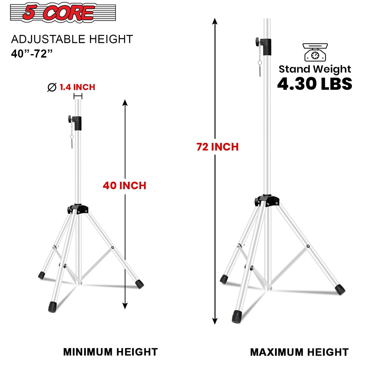 5Core Speaker Stand Tripod Tall Adjustable 72 Inch DJ Studio Monitor Stands Pole Mount WHITE