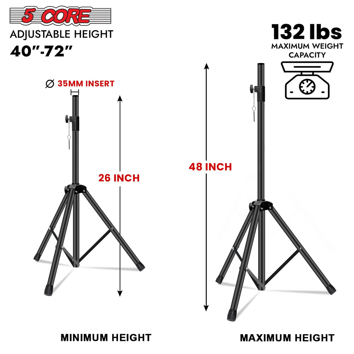 5Core Speaker Stand Tripod Floor Short Adjustable DJ Studio Monitor Stands Pole Mount BLACK