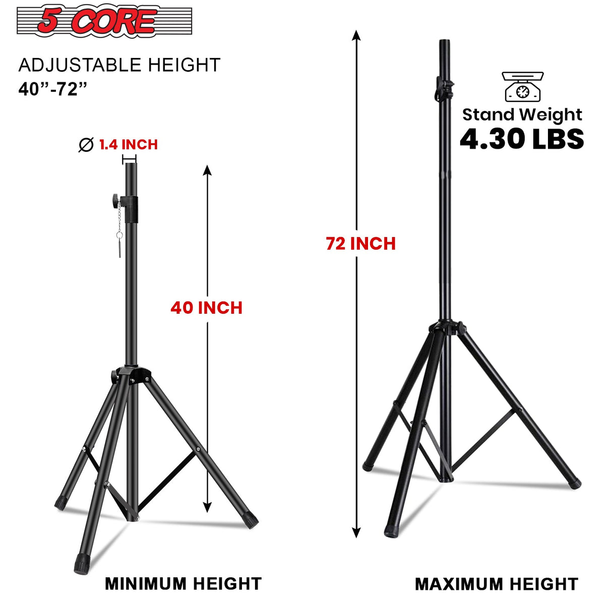 5Core Speaker Stand Tripod Tall Adjustable 72 Inch DJ Studio Monitor Stands Pole Mount BLACK