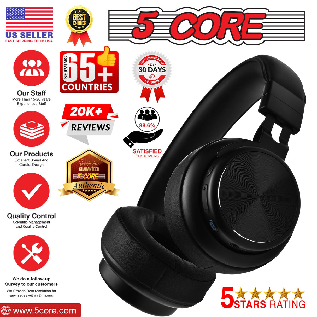 5Core Bluetooth Headphones Wireless Noise Cancelling Audifonos Inalambricos