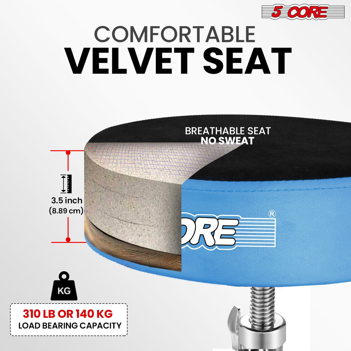 5Core Drum Throne Padded Guitar Stool Swivel Adjustable Drummer Seat Music Chair BLUE VELVET