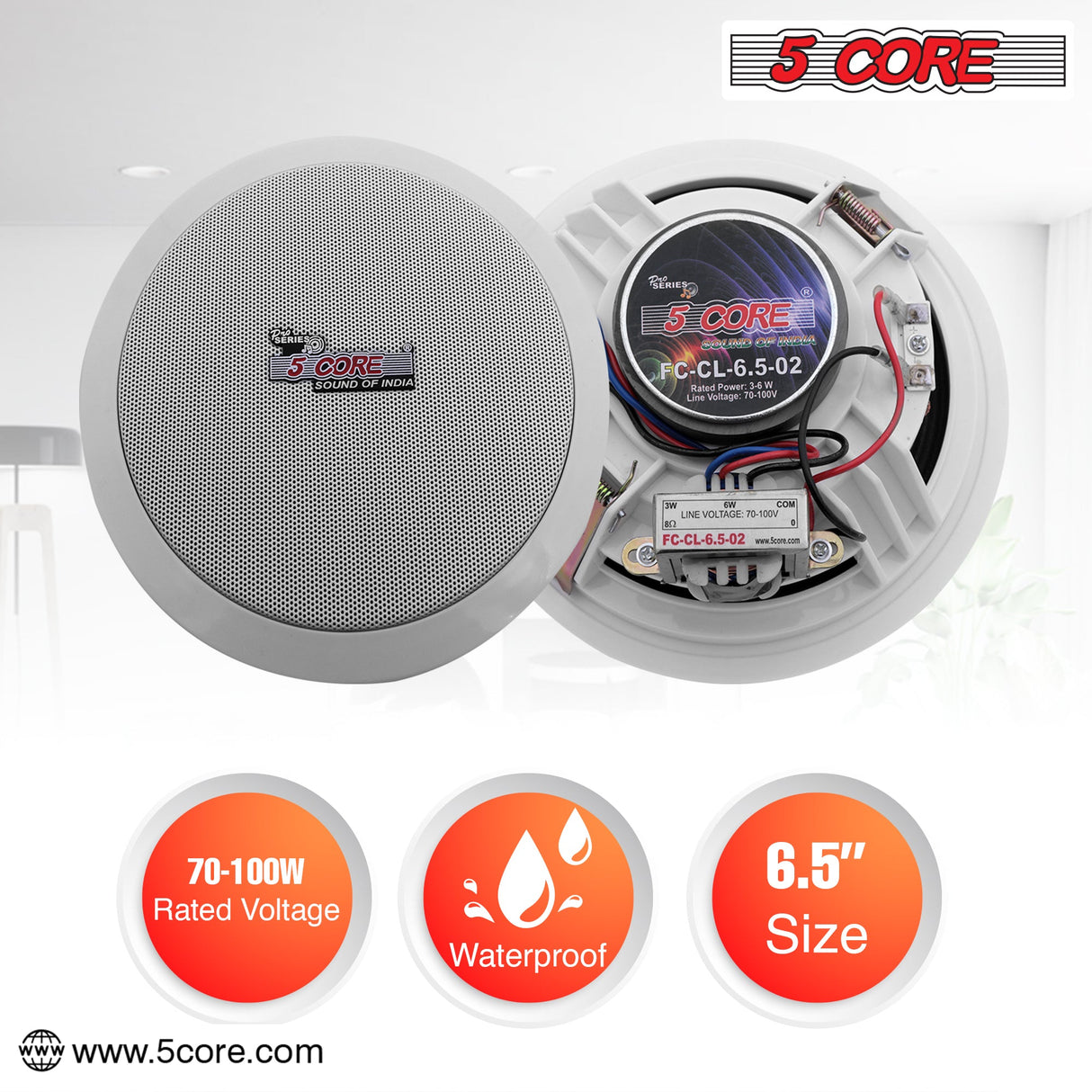 5Core Ceiling Speaker 6.5 Inch In Wall 2 Way Home Audio Mount 60W Sound System