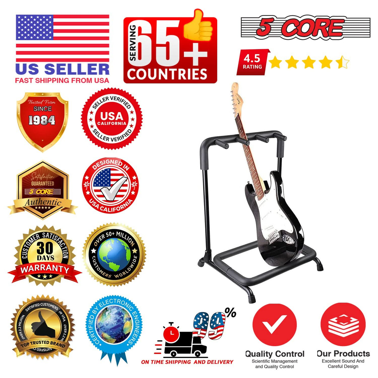 5 Core Multi Guitar Rack Stand Floor 3 Slot Adjustable Flying V Guitars Holder