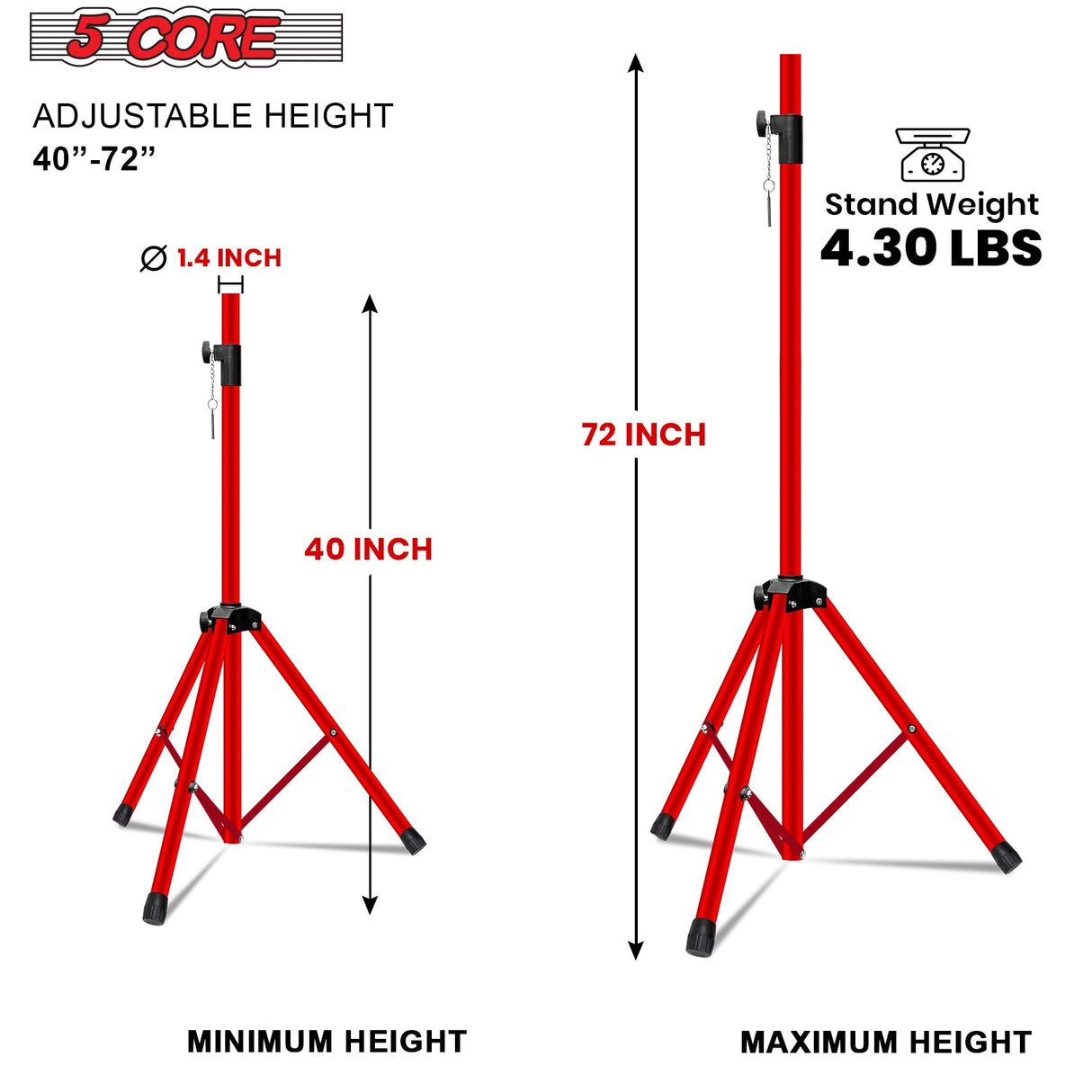 5Core Speaker Stand Tripod Tall Adjustable 72 Inch DJ Studio Monitor Stands Pole Mount RED