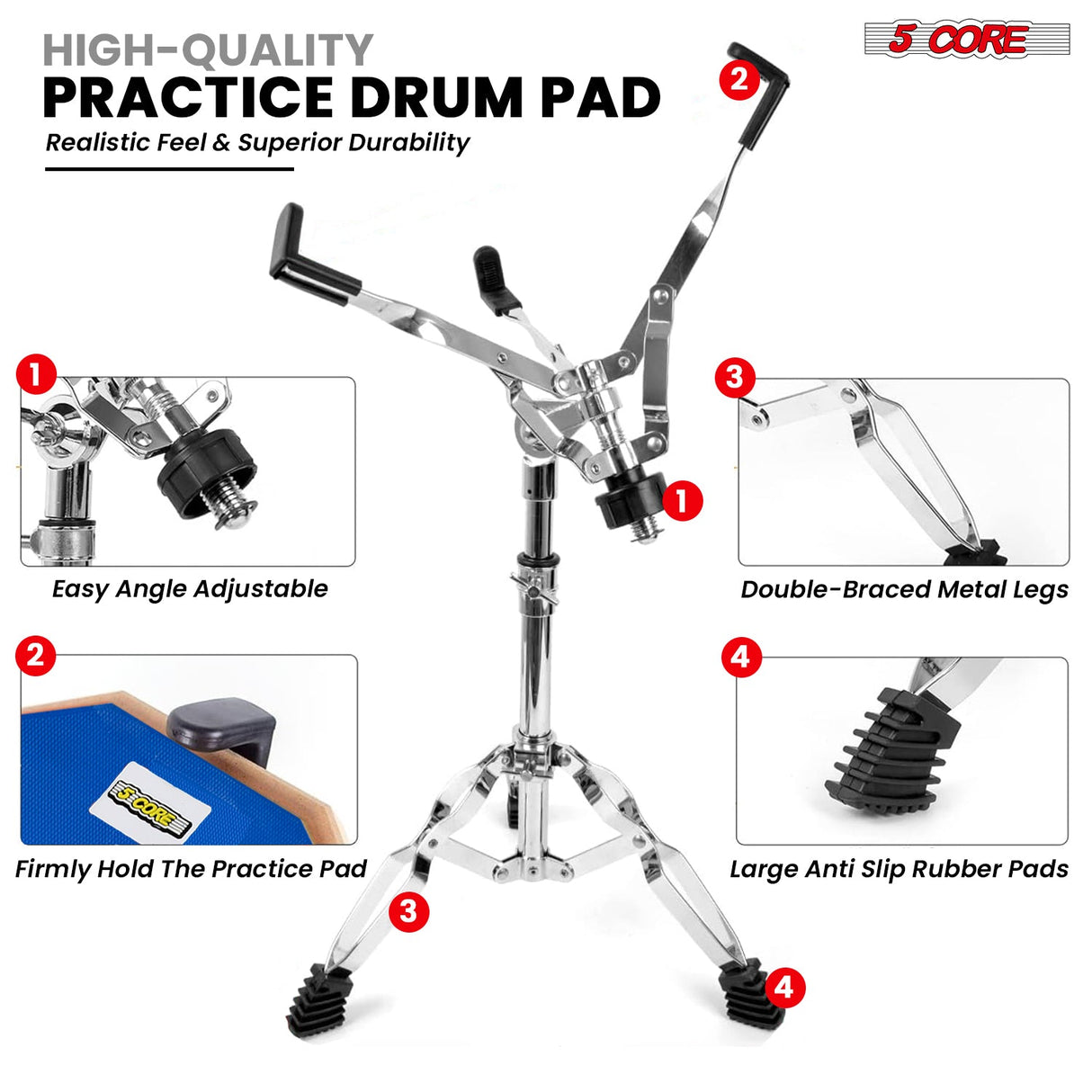 5Core Drum Throne Adjustable Guitar Stool Padded Seat + Drum Practice Pad Snare Drumming Stand