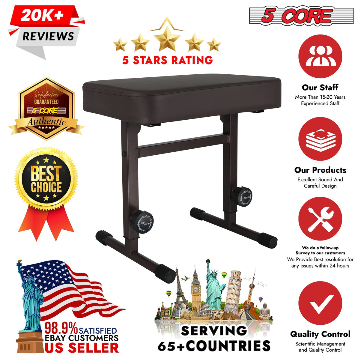 5CORE Keyboard Bench Piano Stool Thick Padded Seat Height Adjustable Keyboard Chair