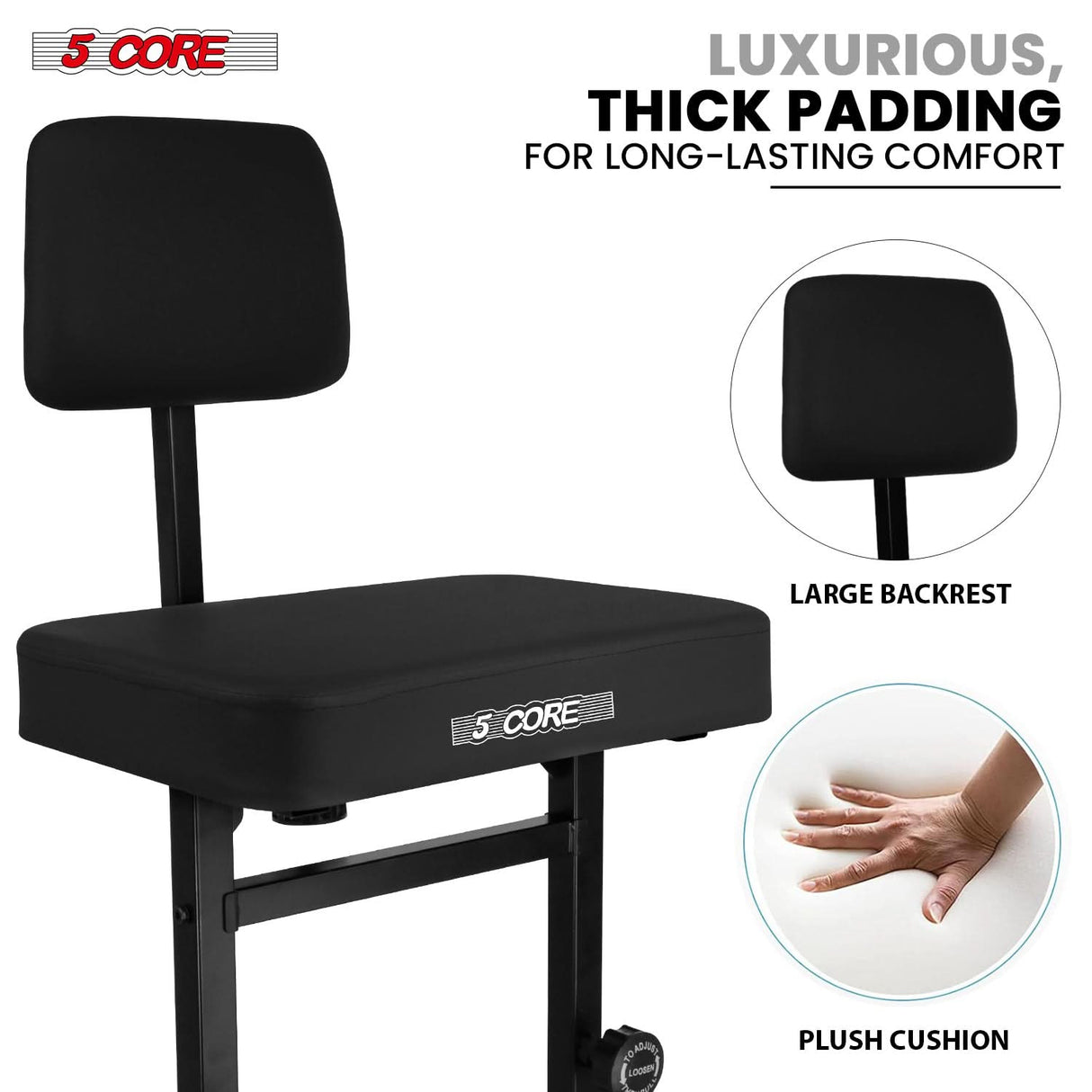 5 Core Piano Bench 3" Padded Cushioned Stool w Backrest Heavy Duty Musician Chair Height Adjustable