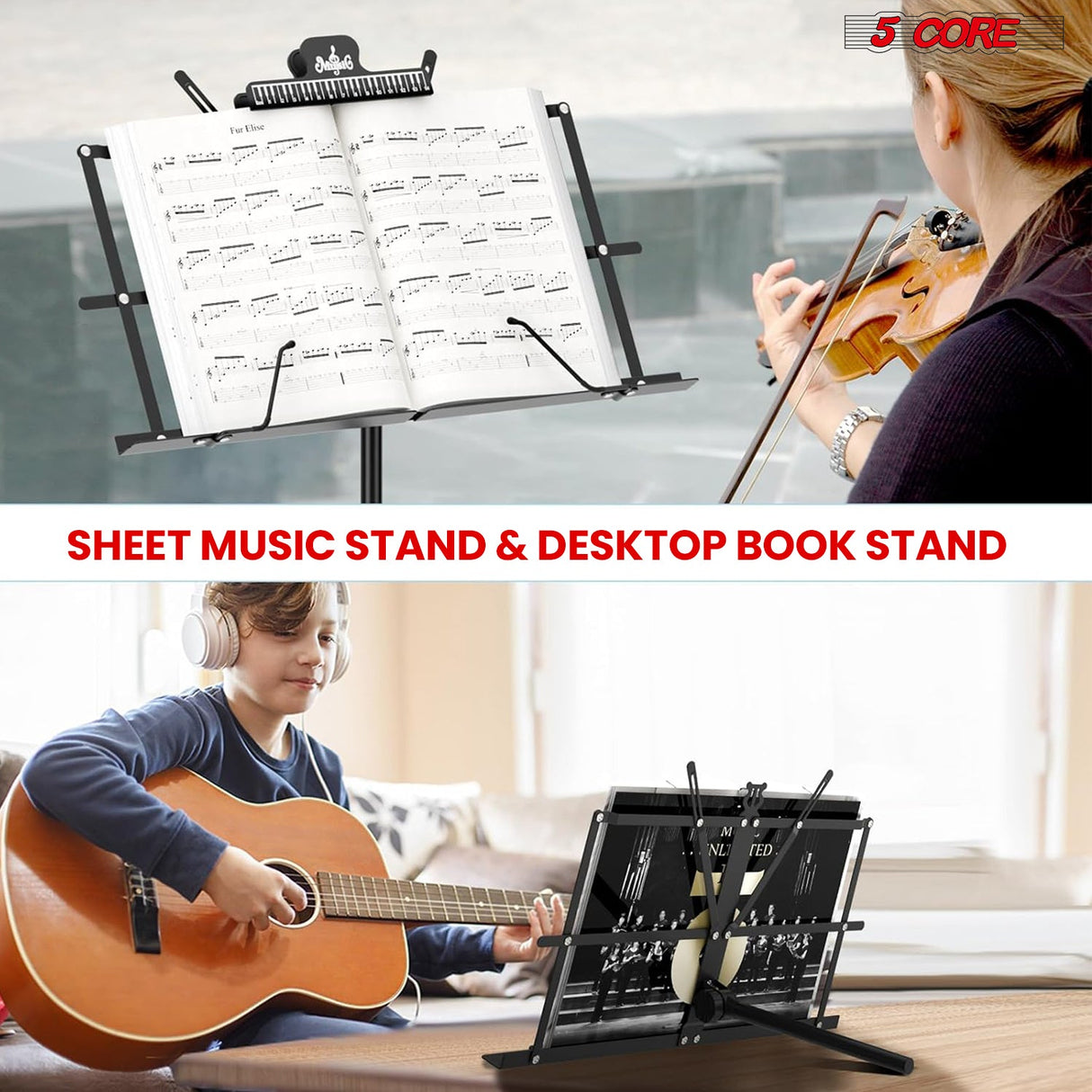 5 Core Music Stand Adjustable Desktop Book Stands Portable Sheet Holder All Metal Foldable Bookstand