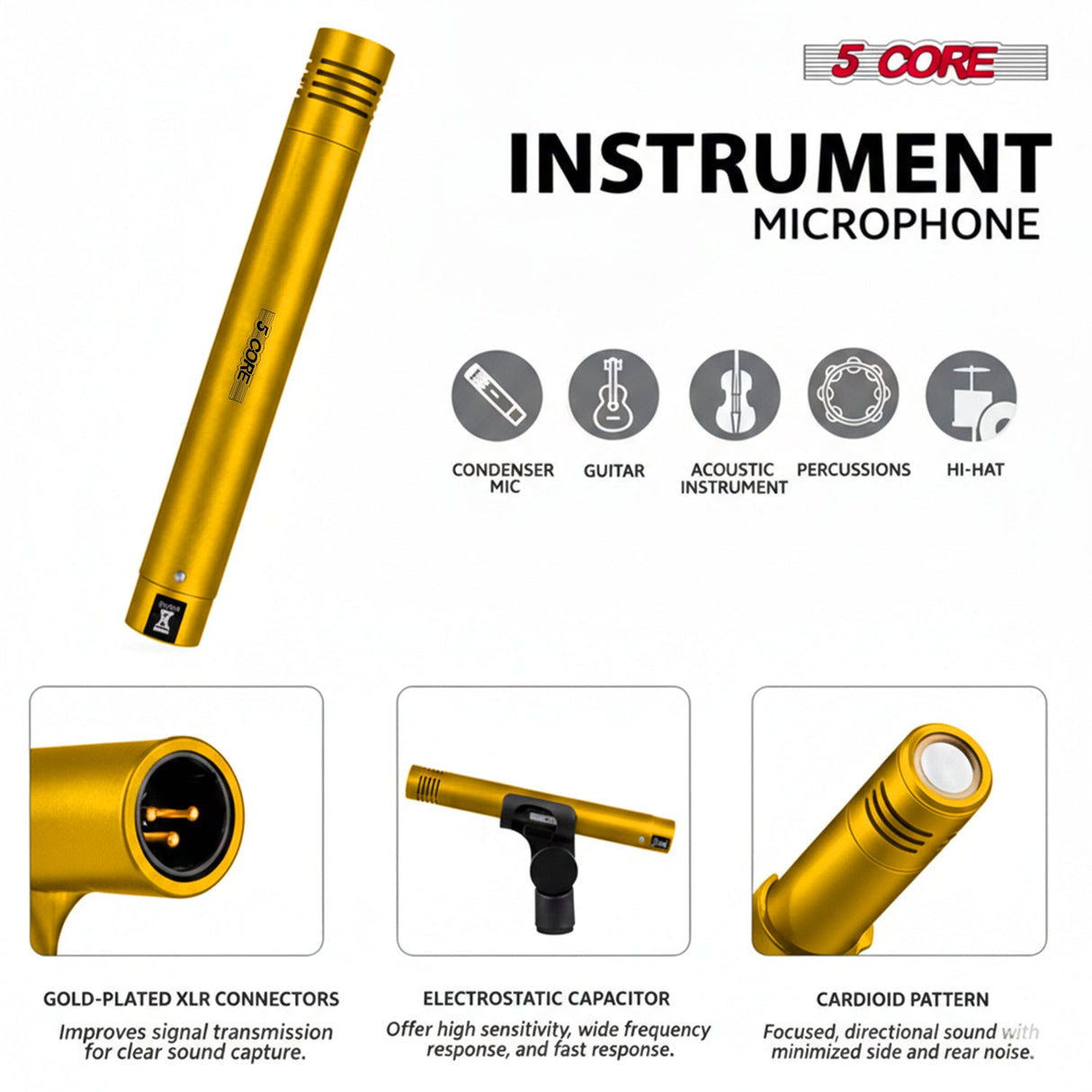 5 Core Conga Mic Snare Tom Set Professional XLR Cardioid Unidirectional Instrument Microphone Kit