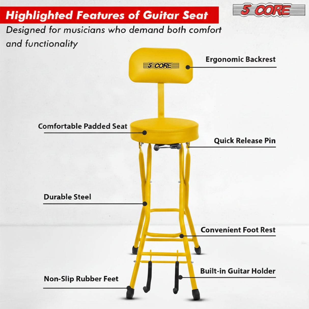 5Core Guitar Stool 3.15" Padded Chair w Backrest Foldable Music Seat Built in Foot Rest Guitar Stand